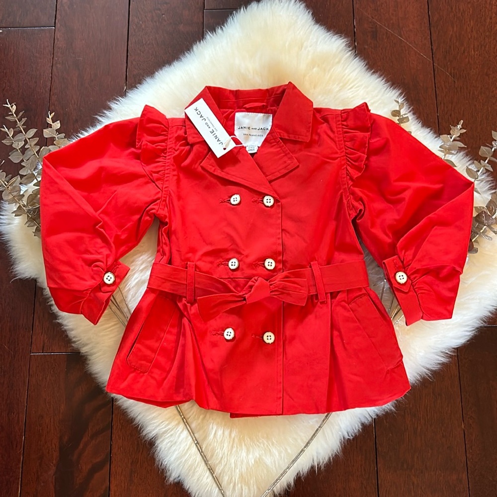 NWT Janie & Jack red double breasted belted girls trench coat puff sleeves 3-4t!